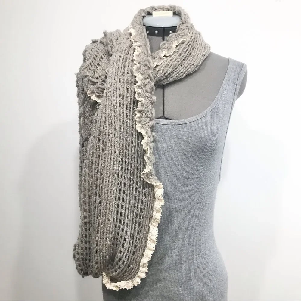 Vanity Gray Open Knit Infinity Scarf with cream lace trim- New With Tags